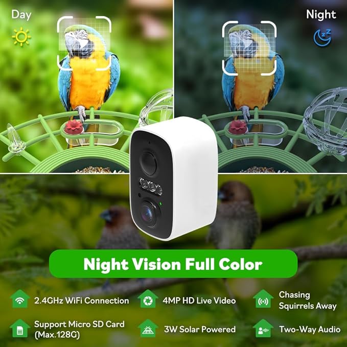 Smart Bird Feeder with Camera, Solar Powered, 2K HD & AI Identification, Color Night Vision, Weatherproof, Live View & Instant Alerts | Ideal Gift for Bird Lovers