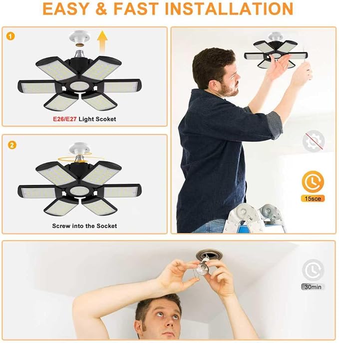 LED Garage Lights Bulb 200W 15000LM 6500K Led Shop Light with 6 Plus 1 Deformable Panels Basement Barn Ceiling Lights for E26/E27 (1PACK)