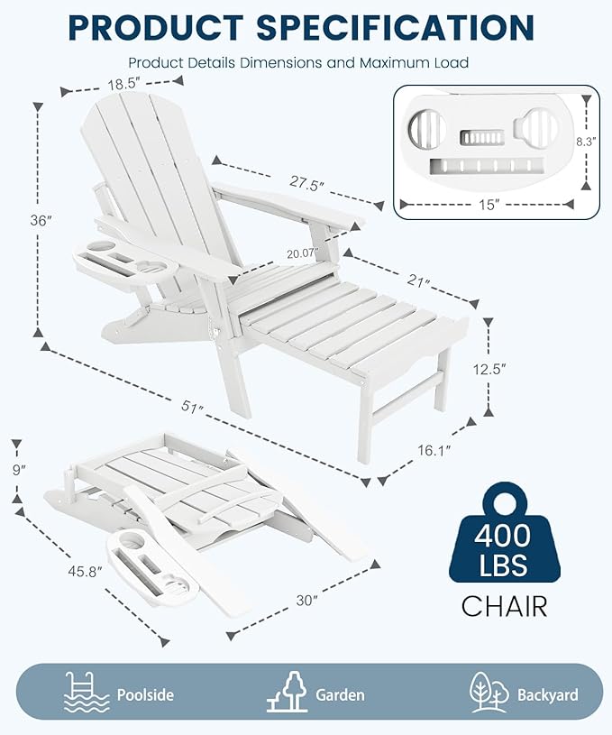 FOOWIN Folding Adjustable Adirondack Chair with Retractable Ottoman, HDPE Adirondack Chair w/4 in 1 Cup Holder Trays,All-Weather Resistant Fire Pit Chair for Outdoor Patio Lawn, White