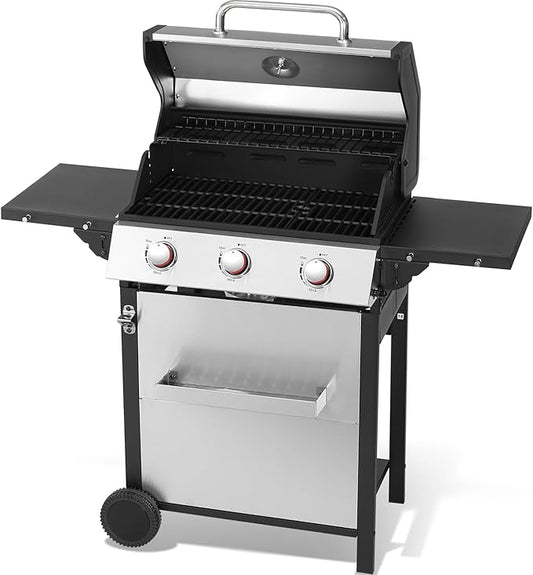 3-Burner Propane Gas Grill, 30,000 BTU Outdoor BBQ Grill with Double-Layer Stainless Lid & Cast Iron Grates, Easy-Clean System for Even Heat, Foldable Side Shelves