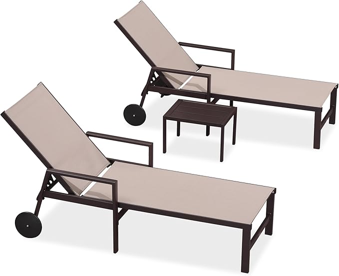 PURPLE LEAF Pool Lounge Chairs Set of 3 Aluminum Outdoor Lounge Chairs with Wheels and Armrests Adjustable Patio for Deck Outside Lawn Garden, Sand Beige