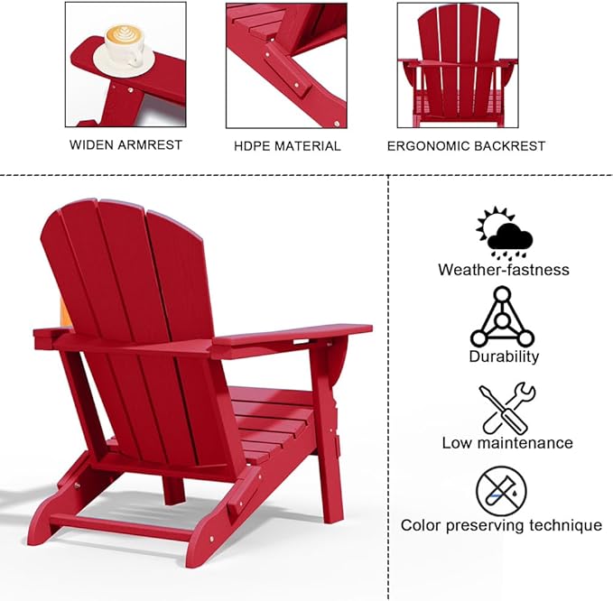 Folding Adirondack Chairs with Cup Holders, Set of 4 HDPE Plastic Outdoor Chairs, Weather Resistant, Real Wood Look, Heavy-Duty Patio Furniture for Deck, Fire Pit, Backyard, Red