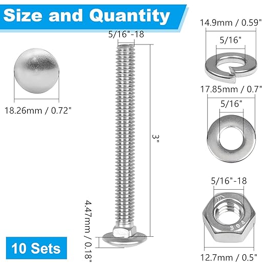 Yinpecly 10 Sets 5/16-18 x 3" Carriage Bolts Screws, 304 Stainless Steel Round Head Square Neck Carriage Bolts and Nuts Kit, with Flat & Lock Washers, Full Thread Coverage