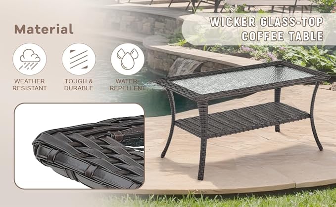 Swivel Patio Chairs sofa Set of 7 with 6" Thick Cushion - Wicker Outdoor Swivel Rocker Patio Chair ,Sofa/Glass coffee table, High Back Comfortable Outdoor Glider Chairs - Brown Wicker Blue Cushion