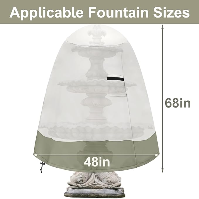 Fountain Cover（48"x68"） 600D Oxford Cloth Garden Fountain Statue Protective Cover, Fountain Protector with Drawstring Weather Resistant for Winter Outdoor Patio Fountain (48"x68"- khaki)