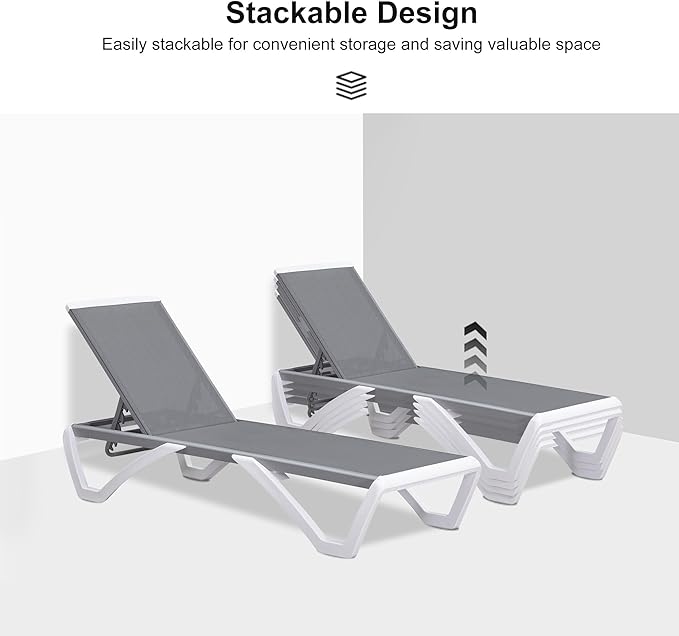 PURPLE LEAF Patio Chaise Lounge Chair Set Outside Aluminum Plastic Stackable Tanning Chairs with Side Table for Pool Sunbathing Beach Deck Outdoor Lounger, Grey