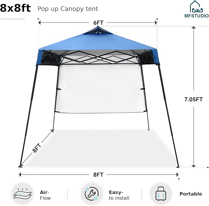 MFSTUDIO Pop Up Canopy Tent, 8x8ft Footprint and 6x6 ft at top, Gazebo Shelter Sun Shade Canopies with 1 Sidewall Waterproof Patio Portable Popup Outdoor Tents for Beach,Parties,Camping
