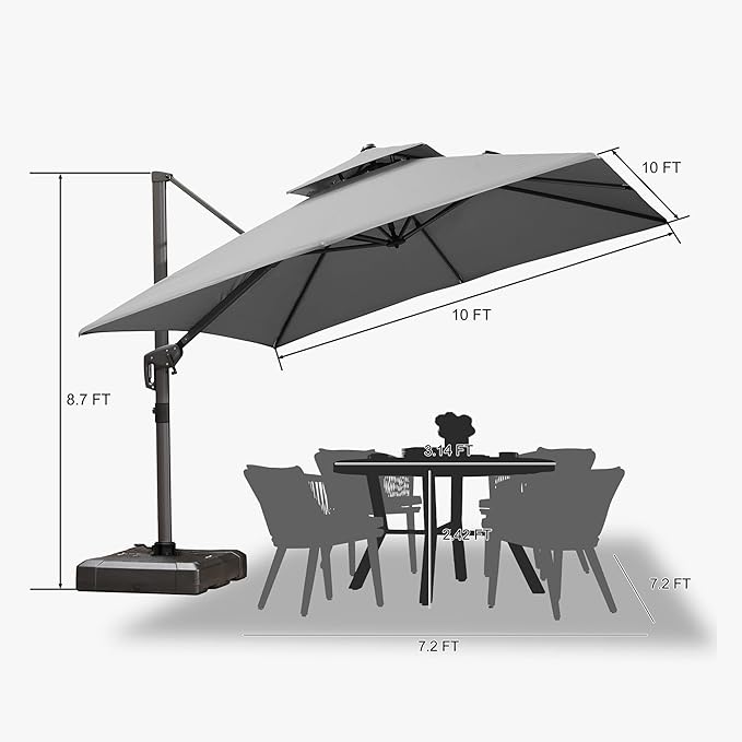 PURPLE LEAF 10 FT Cantilever Umbrella Outdoor Patio Umbrella, Large Offset Square Umbrella, Windproof Heavy Duty Hanging Outside Umbrellas for Patio, Pebble Grey