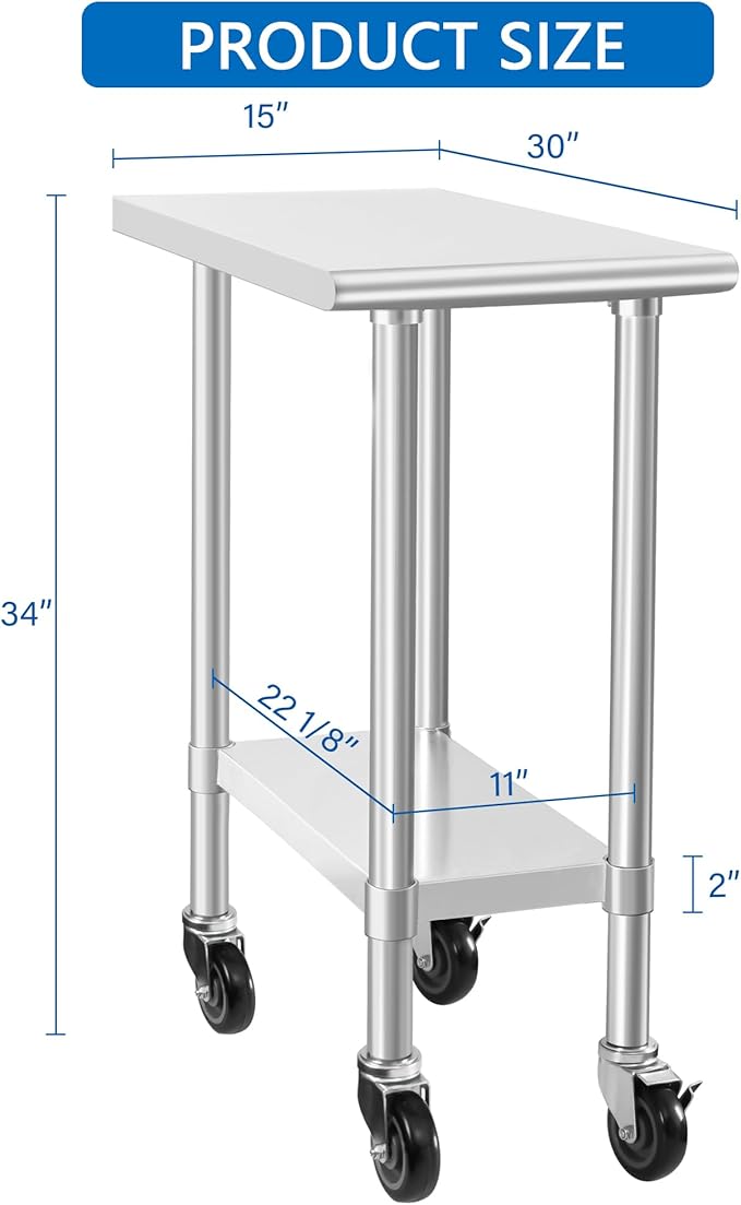 HARDURA Stainless Steel Commercial Table Prep & Work Table with Casters Heavy Duty Metal Table with Wheels NSF 430 30×15 Inches