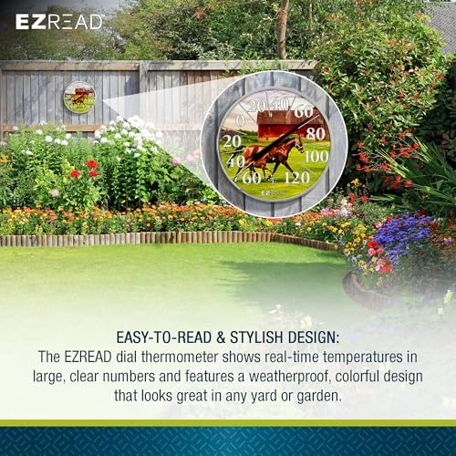 EZREAD Hanging Dial Thermometer - Weather Thermometers for Indoor and Outdoor Use, Large 12.5 Inch Diameter, Easy-to-Read Numbers, Horse and Foal