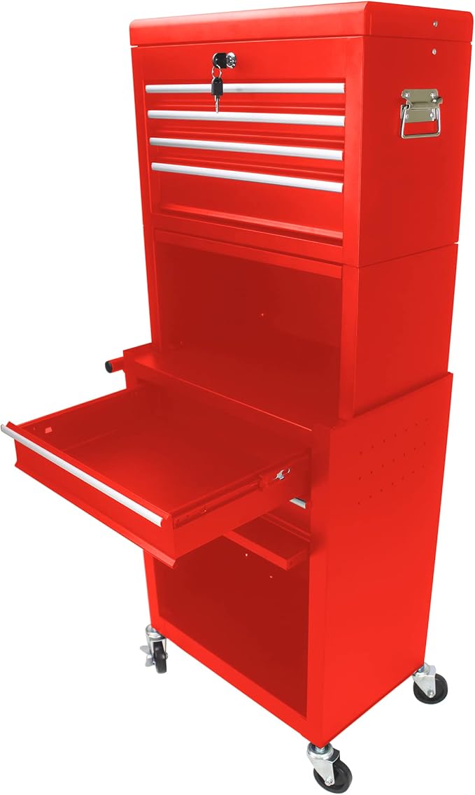 6 Drawers Rolling Tool Box Organizer,2 Tier High Capacity Tool Chest with Wheels,Lockable Rolling Tool Chest with 2 Cabinet,Detachable Tool Box Workshop Storage Cabinet (2 Tier-6 Drawers(Red))