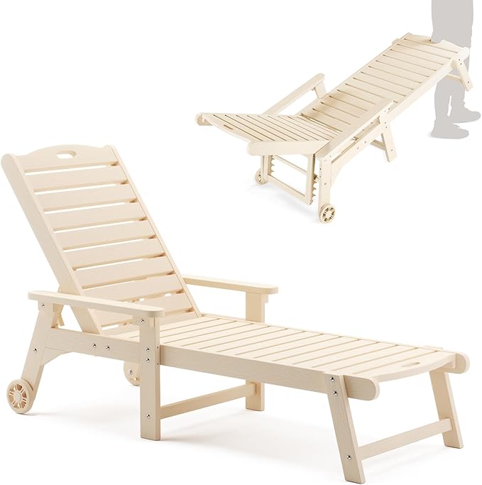 LUE BONA Outdoor Chaise Lounge, 79'' Oversized HDPS Chaise Lounger, 5 Positions Adjustable Lounge Chairs, Pool Lounge Chair with Wheels for Poolside, Backyard, 3 Year Warranty, Sand