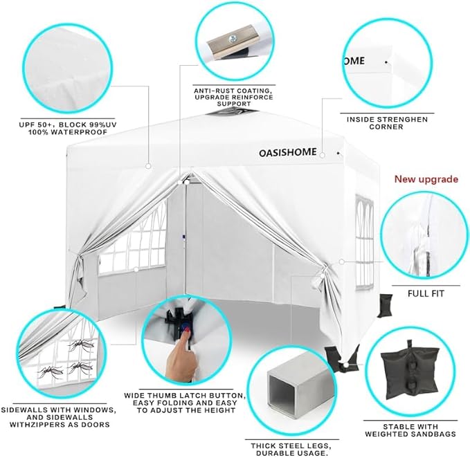 OASISHOME Pop-up Gazebo Instant Portable Canopy Tent 10'x10', Bag, for Patio/Outdoor/Wedding Parties and Events (White, 10x10)