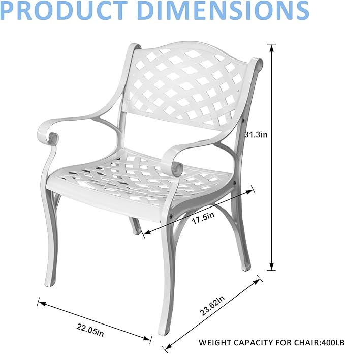2 Piece Patio Chairs Cast Aluminum Outdoor Dining Chair with Armrests, Metal 2 Piece Patio Bistro Chair with Adjustable Feet, Wrought Iron Bistro Patio Dining Chair for Garden,Set of 2 White