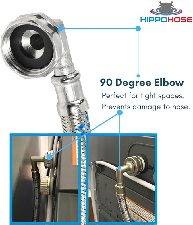Washing Machine Hoses (4 FT) - Double 90° Elbow to Fit Tight Spaces - OCTAGON Connections for Easy & Secure Tightening - Burst Proof Water Supply Line (2 Pack) - Universal Fit to All Wash Machines