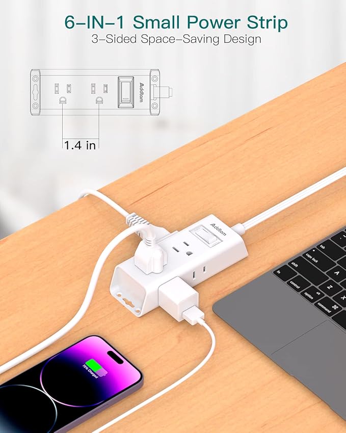 Cruise Ship Essentials, Flat Plug Power Strip, Addtam 1 ft Ultra Flat Extension Cord with 6 Outlets Extender, No Surge Protector for Cruise Ship, Travel, Dorm, Home Office, ETL Listed