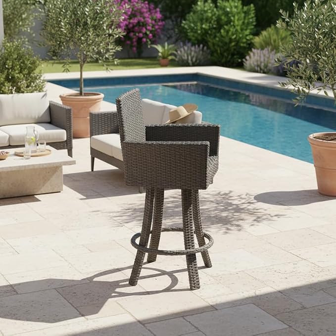 Covers & All Universal 25" Counter Height Swivel Bar Stools, 16 mm Premium Charcoal Wicker Patio Furniture with Smooth Swivel Motion, Outdoor Furniture for Deck and Poolside (23" L x 23" W x 42" H)