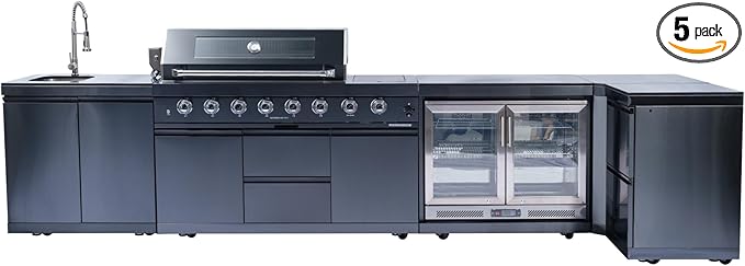 157-Inch 6-Burner 96000 BTU Propane Gas Outdoor Kitchen Island - Stainless Steel Grill with Wine Cooler, Rotisserie, Granite Countertops, Storage Cabinets & Drawers, Black