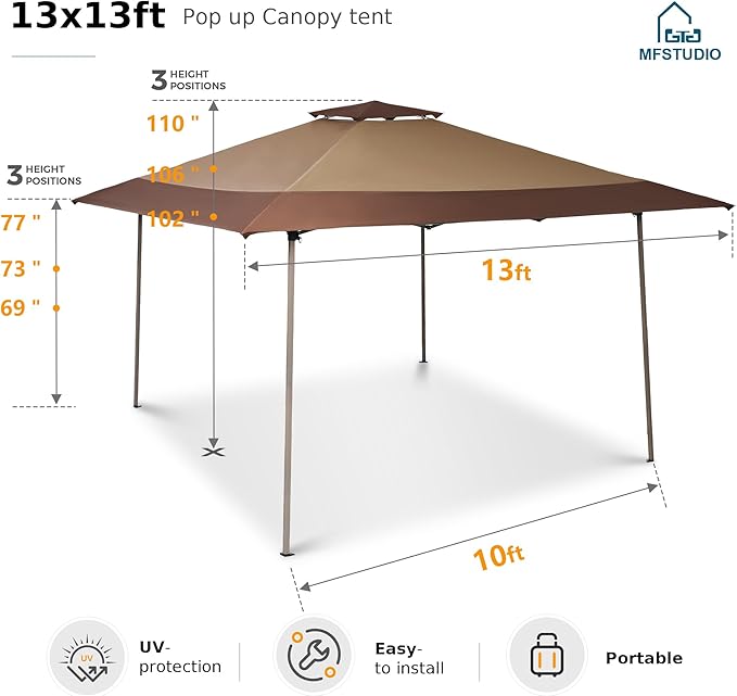MFSTUDIO 13X13 Outdoor Pop Up Canopy Outdoor Canopy Tent, Easy Set-up Straight Leg Folding Instant Shelter for Beach,Party and Camping, 169 Sq. Ft of Shade, Brown