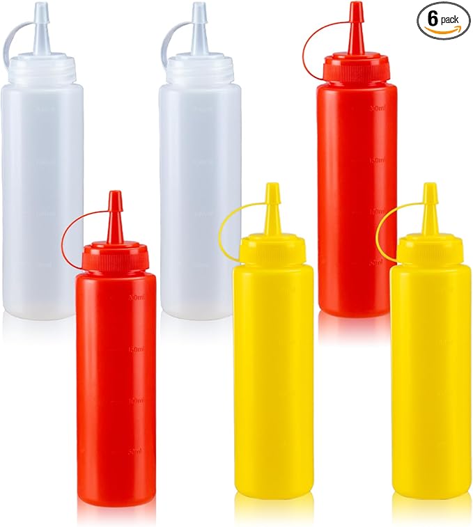 8oz Leak-Proof Sauce Squeeze Bottles - BPA-Free Kitchen & Restaurant Dispensers w/Wide Mouth for Ketchup, Mustard, Syrup, Oil, Dressings Dishwasher Safe (White+Yellow+Red, 8oz-6pack)