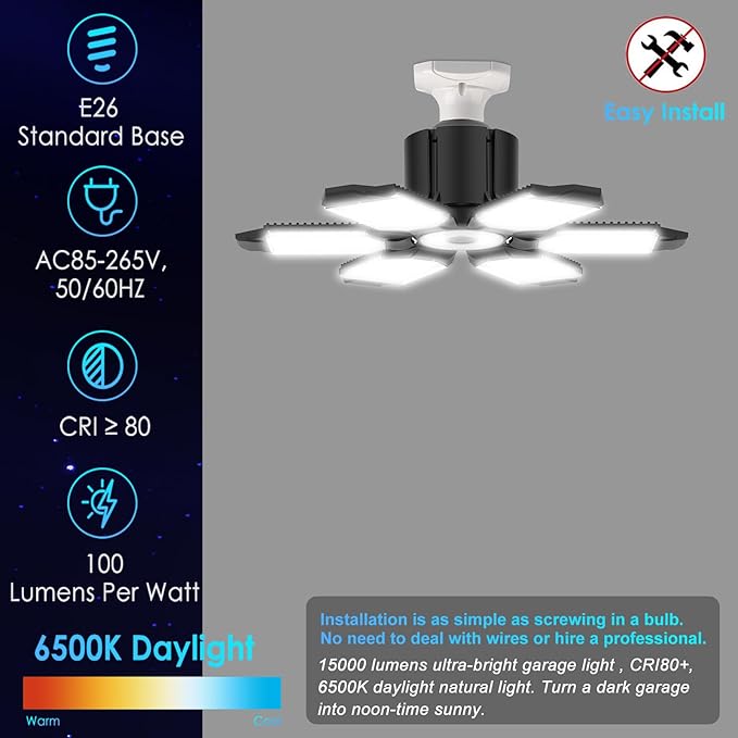 BRAINIAC LED Garage Light Bulb 150W 15000LM Deformable Garage Lights Ceiling led with 6 Adjustable Panels, E26/E27 Screw in Shop Lights for Basement Barn Porch