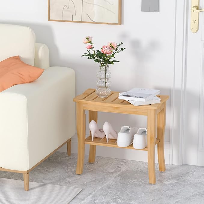 Domax Bamboo Shower Benches for Inside Shower - Bathroom Bench Seat Waterproof Wooden Shower Stool with Storage Shelf for Adults Elderly Seniors Wood Shower Chair for Bathtub or Small Spaces, Natural