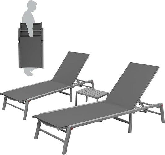 Kozyard 3 Packs Lounge Chair Outdoor Set, Foldable Outdoor Lounge Chair with 5 Adjustable Backrest Patio Lounger, Recliner and Full Flat Chairs for Patio, Beach, Pool (2 Gray Textilence W/Table)
