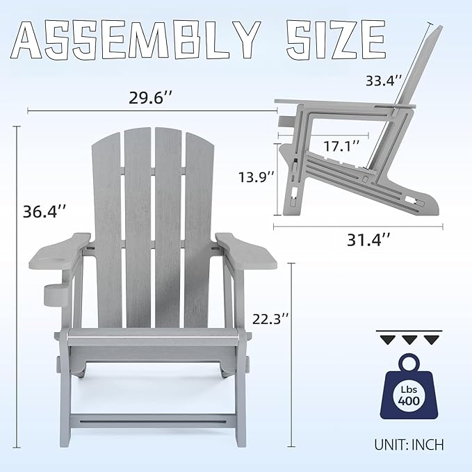 Adirondack Chair, All Weather Plastic Adirondack Chairs, Fire Pit Chairs with Cup Holder, Outdoor Lawn Chair for Patio, Garden, Backyard, Grey