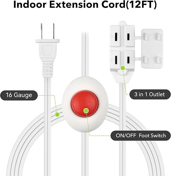 BN-LINK 12ft Extension Cord with Footswitch 16/2 SPT-2, 3-Outlet Indoor Extension Cord with On Off Switch, for Christmas Tree and Holiday Decorations, White