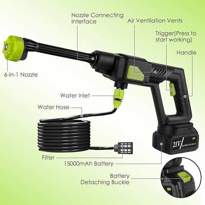 Cordless Pressure Washer 435PSI Portable Electric Power Washer with 6-in-1 Nozzle, Foam Bottle, 21V 15000mAh Battery for Car, Bike, Patio, Outdoor Cleaning