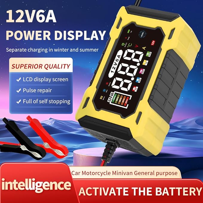 12V 6A Smart Battery Charger - Automotive Car/Motorcycle 12V Lead-Acid Battery Charger with LCD, Pulse Repair & Overcharge Protection