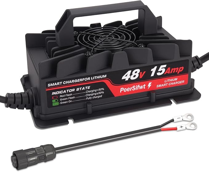 58.4V 15A Lithium Battery Charger for 48V Lifepo4 Battery Packs with Waterproof M8 Connector, LED Indicator, 6 Protections, Fast Charging, for Forklift & Solar Storage