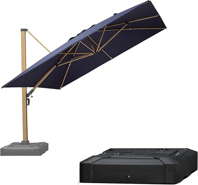 PURPLE LEAF 11FT Patio Umbrella With Base Square Cantilever Umbrella Teak Finished Aluminum Frame Large Windproof Offset Outdoor Sun Umbrellas for Beach Pool Deck, Navy Blue