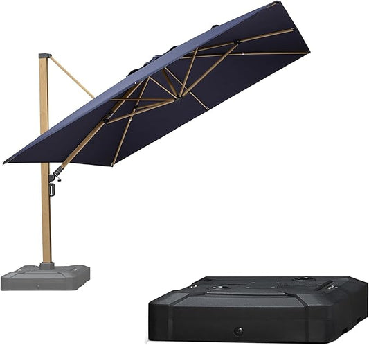 PURPLE LEAF 11FT Patio Umbrella With Base Square Cantilever Umbrella Teak Finished Aluminum Frame Large Windproof Offset Outdoor Sun Umbrellas for Beach Pool Deck, Navy Blue