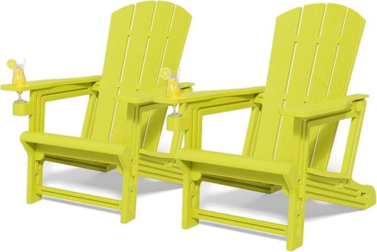 Adirondack Chairs Set of 2, Adirondack Chair with Cup Holder,Wooden Textured Plastic Fire Pit Chair,All-Weather Outdoor Patio Chairs for Lawn,Backyard Deck, Porch,400LBS Heavy-Duty,Yellow