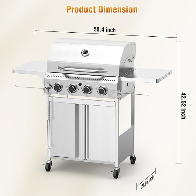 Kismile 4-Burner Gas Grill,Propane Grill with Folding Side Shelf,Heavy-Duty Thickened Stainless Steel Grill,32,000 BTU BBQ Grill for Outdoor Cooking,Barbecue,Garden and Patio Backyard