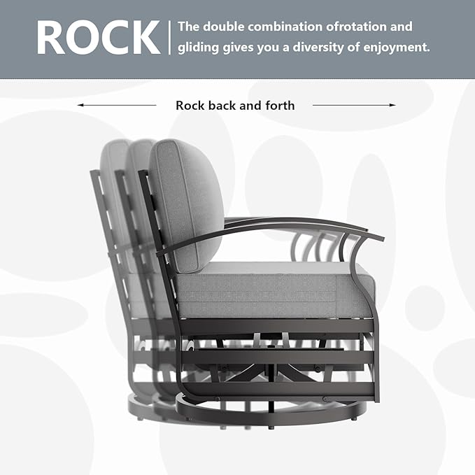 Outdoor Patio Furniture Set, 3 Piece Aluminum Metal Chairs Swivel Rocker, Overstuffed Washable Cushions Bistro Set for Porch, Balcony, Deck, Garden Grey