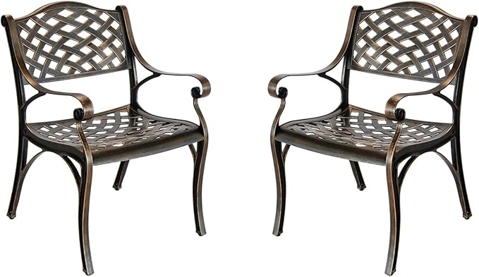 Cast Aluminum Patio Chairs Set of 2,Bistro Dining Chair with Armrests, Wrought Iron 2 Piece Patio Bistro Chair, Cast Iron Outdoor Patio Dining Chair for Backyard,Porch,Brown