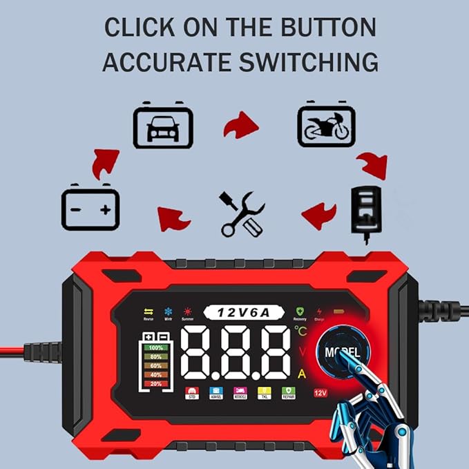 12V 6A Smart Battery Charger - Automotive Car/Motorcycle 12V Lead-Acid Battery Charger with LCD, Pulse Repair & Overcharge Protection