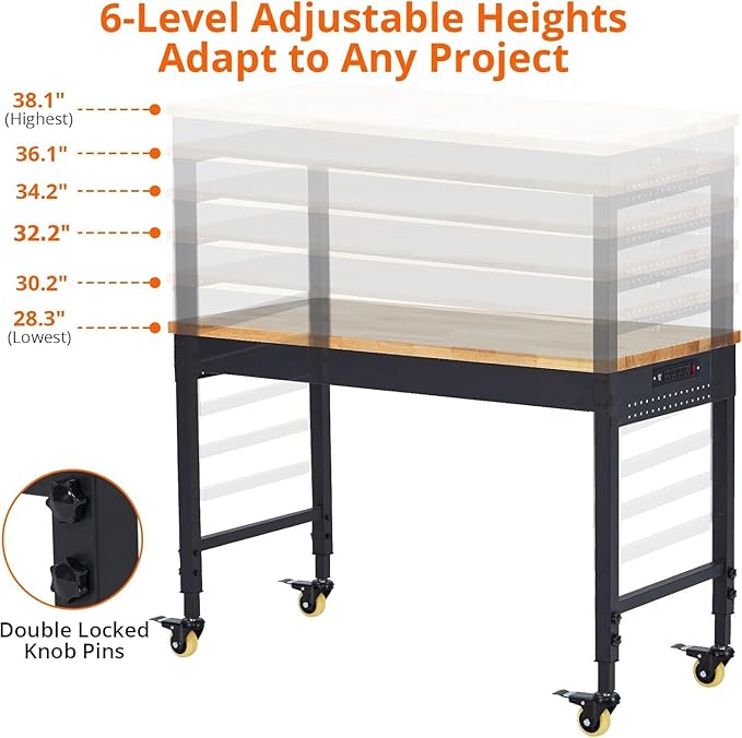 60"x22" Heavy-Duty Adjustable Workbench - 2000LB Capacity Work Bench with Rubberwood Top, Locking Wheels & Power Outlets, 27.8"-39.5" Height, Mobile Garage Workstation for Workshop/Home DIY