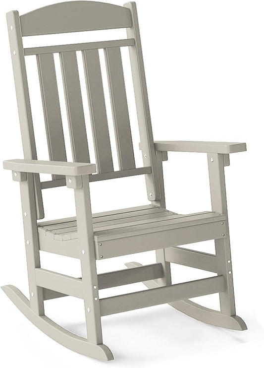 FOOWIN Outdoor Rocking Chair, High Back Patio Rocking Chair, HDPE All Weather Resistant Porch Rocker for Adult, Oversized Rocking Chairs for Garden, Lawn, Indoor & Outdoor Use, Sand