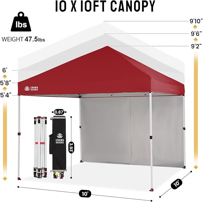 CROWN SHADES 10X10 Comercial Instant Canopy Pop Up Tent with Center Lock (10x10 with 4 Sidewalls, Red)