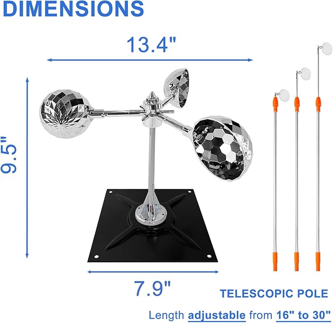 Bird Reflective Spinning Deterrent Devices for Outside Keep Birds Away Pigeon Woodpeckers Deterrent for Garden Roofs(Silver, with Base and Pole)