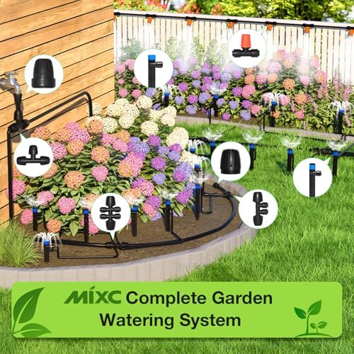 MIXC 300FT Drip Irrigation System Kit, Automatic Garden Misting Watering System with 100FT 1/2" & 200FT 1/4" Irrigation Tubing, Fitting, Adjustable Emitter for Greenhouse Lawn Raised Bed Potted Plant