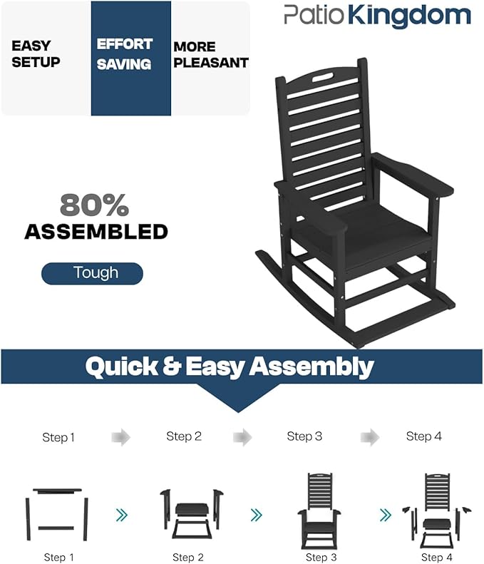 Outdoor Rocking Chairs Set of 2 with Footrest & Side Table, HDPE Modern Rocking Lawn Chair for Garden, Poolside, Deck (Black)