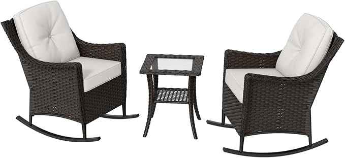 COOS BAY Stone Harbor Patio Bistro Set, 3 Piece Rattan Patio Table and Chairs Set, Wicker Rocking Chairs with Side Table, Small Balcony Furniture Set, Brown/Beige