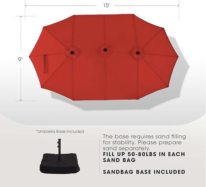 wikiwiki 15ft Large Patio Umbrellas with Base Included, Outdoor Double-Sided Umbrella with Crank Handle, Powerful UV Protective, for Pool Lawn Garden, Red