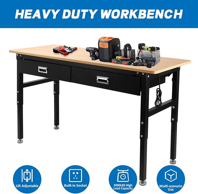 Workbenche with Drawers,60'' Workbench with Power Outlet for Garage,2700 Lbs Capacity Adjustable Workbench,Heavy Duty Table for Workshop Office Home Commercial