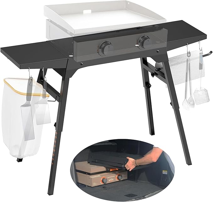 Upgraded Griddle Stand for Blackstone 22”/17”, Portable Blackstone Stand with Adjustable Legs, Side shelfs, Tool Hooks, Garbage Bag Holder & Paper Towel Holder, Grill Stand for Outdoor Cooking/Camping