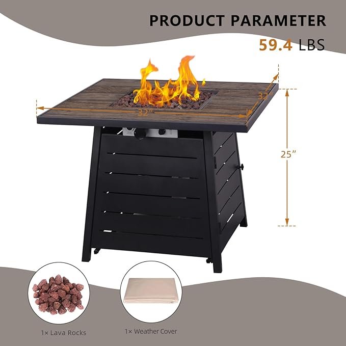 Afterglow Outdoor 32" Propane Fire Pit Table, 40000 BTU Firepit w LED Lighting, Weather Resistant Cover and Lava Rocks, Terra Fab Top and Steel Base for Outside Patio Backyard Garden